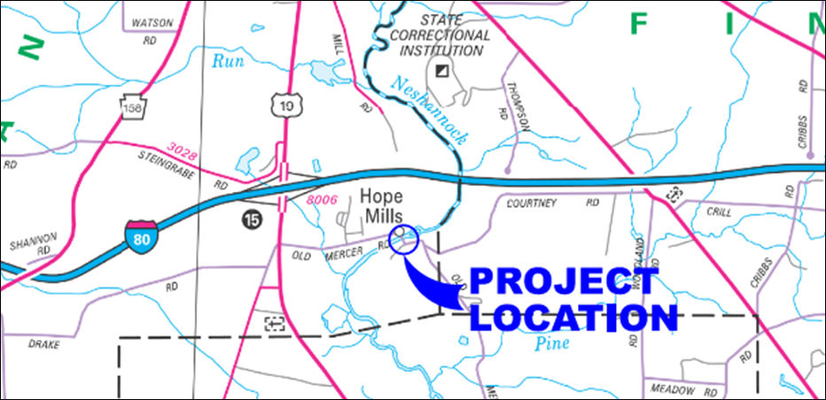 A map showing the location of the Old Mercer Road Bridge in Mercer County.