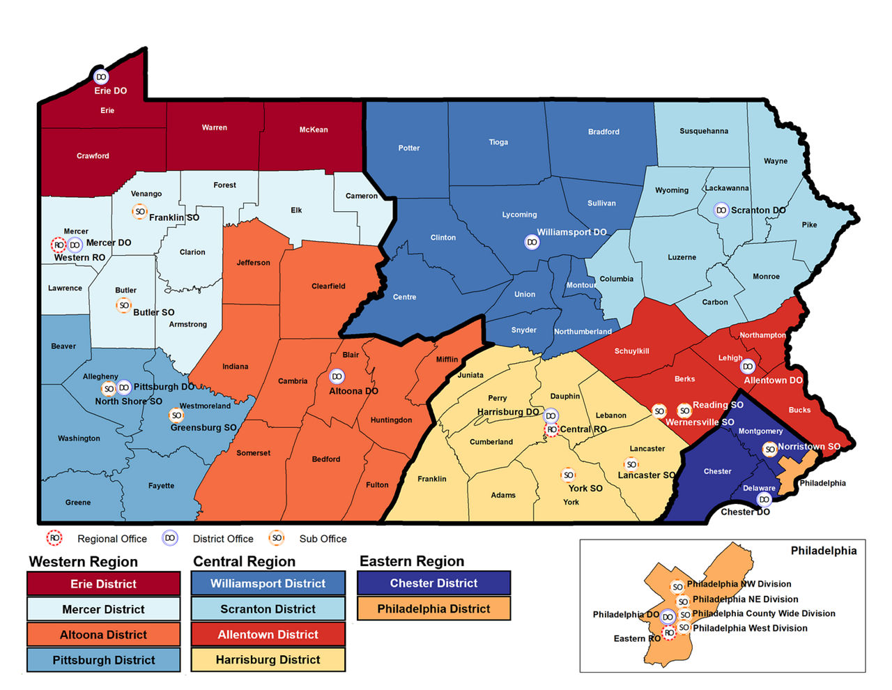 A map of Pennsylvania's parole offices