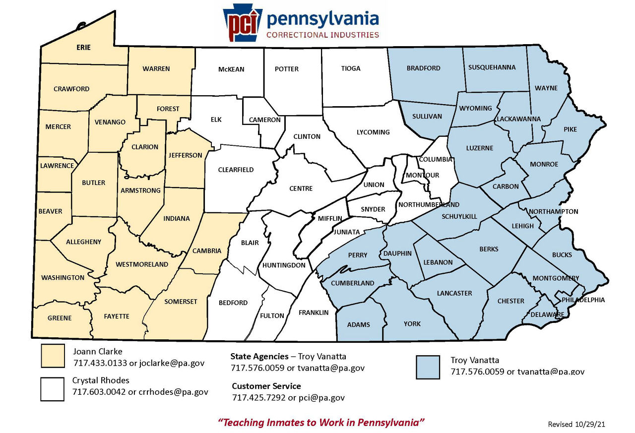 A map of Pennsylvania Correctional Industries' sales districts with contacts for reach region