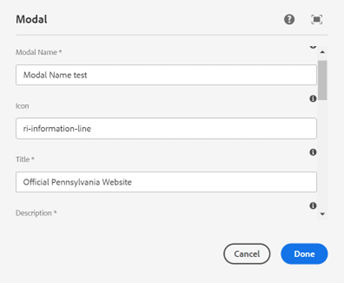 Modal authoring fields including modal name, icon, title, and description