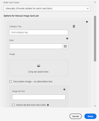 Manual input fields when author provides details for each card item - category tag, date, image