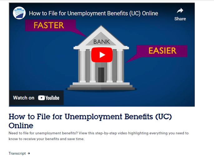 Media Player showing an YouTube video called "How to File for Unemployment Benefits (UC) Online" with transcript link and standard audio controls.