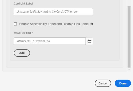 Manual input fields when author provides details for each card item - card link label and card link URL