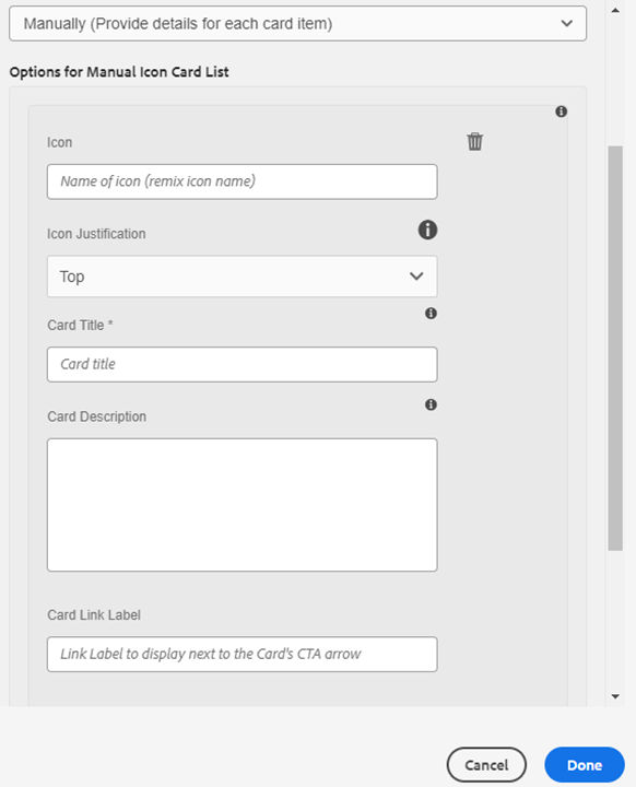 Manual input fields for icon card- icon, icon justification, card title, card description, card link label