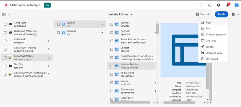 Site hierarchy featuring various pages with Website Policies page selected and "Create" dropdown open