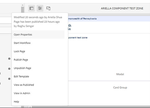 Dropdown from modal where user has option to select “View as Published.” The page will not publish upon selection; it shows an example of how it will look.