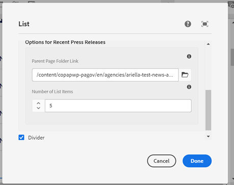 Authoring dialog for Recent Press Releases variation. Fields described on page.
