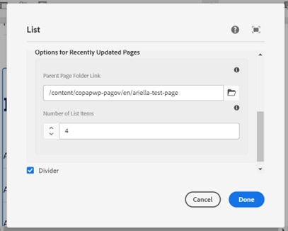 Authoring dialog for Recently Updated Pages variation. Fields described on page.