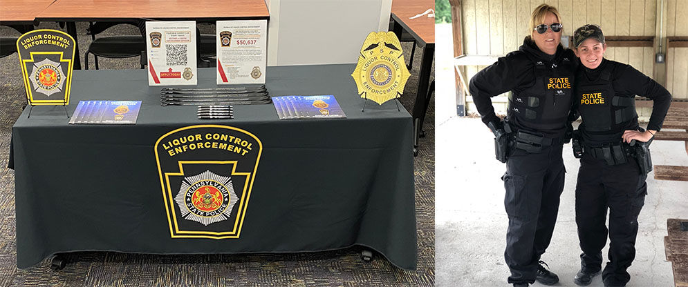 A collage with a table displaying LCE information and two liquor enforcement officers