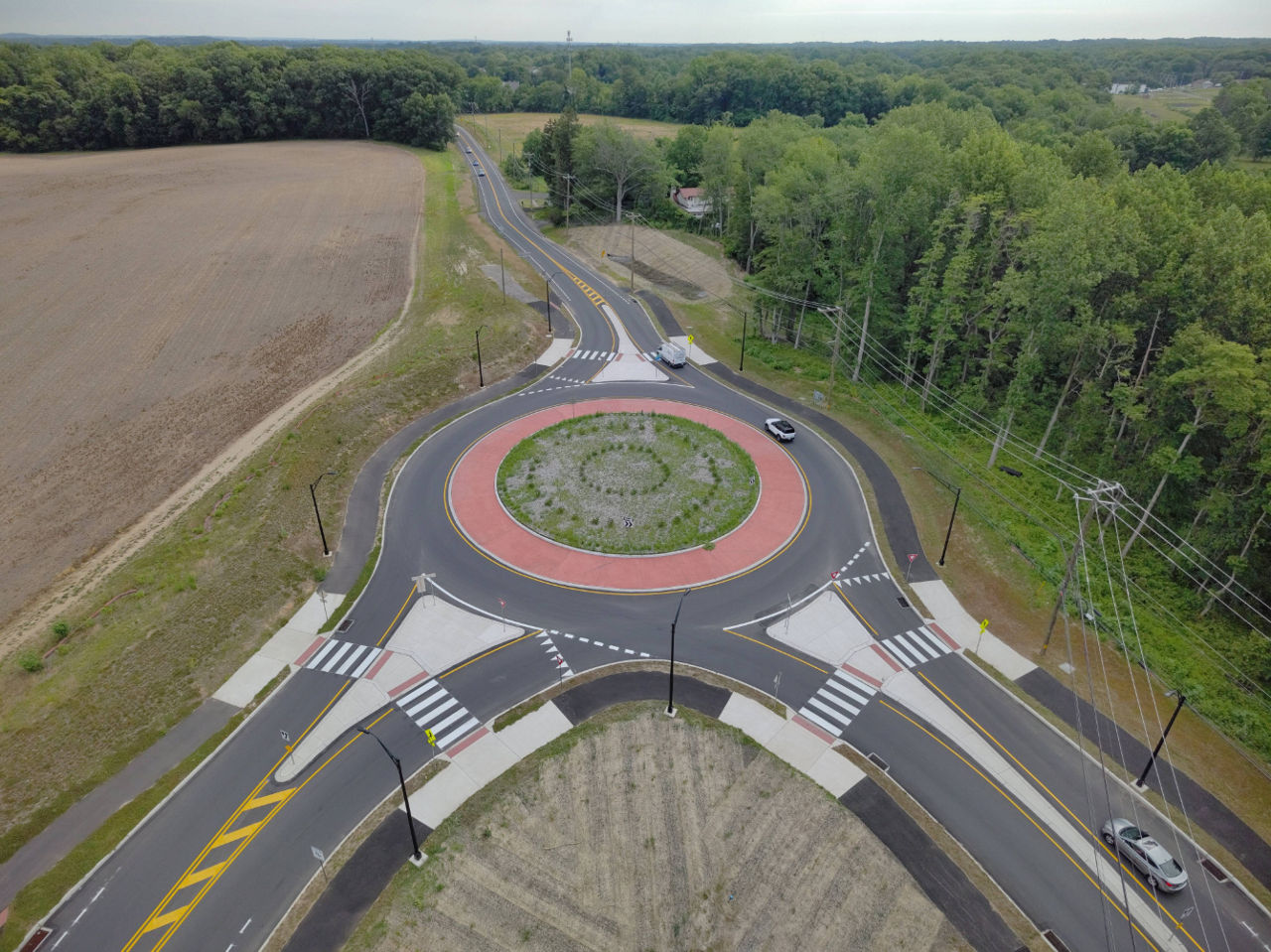 Aerial view of new roundabout on Langhorne-Yardley Road