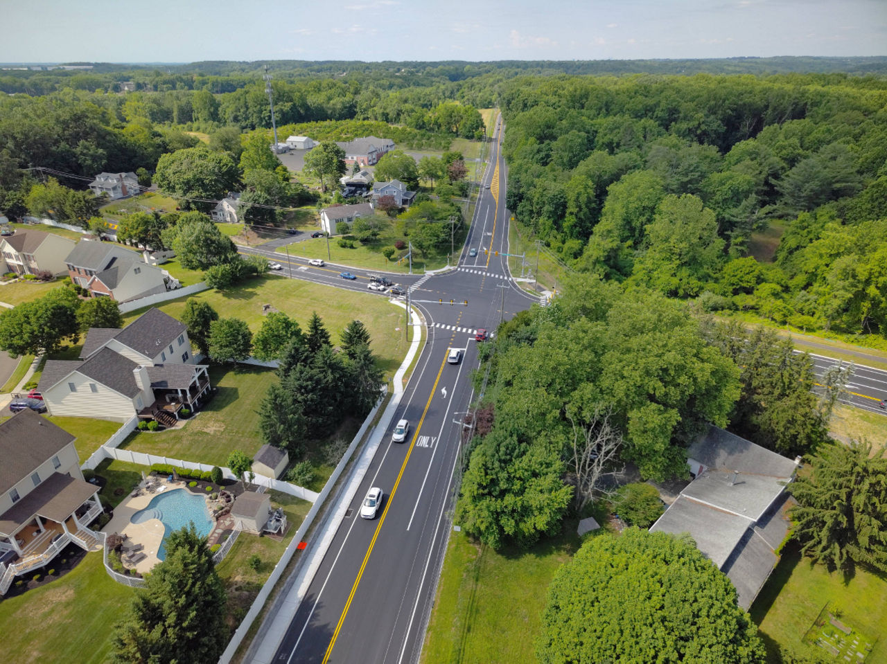 Aerial view of Langhorne-Yardley Road approaching Woodbourne Road intersection.
