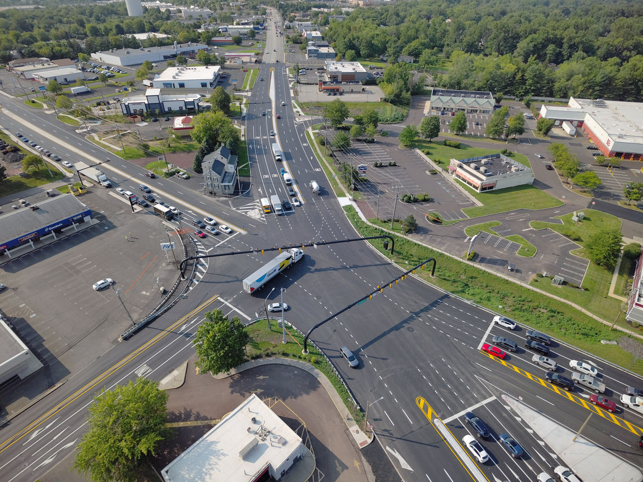 Aerial view of improved Five Points intersection