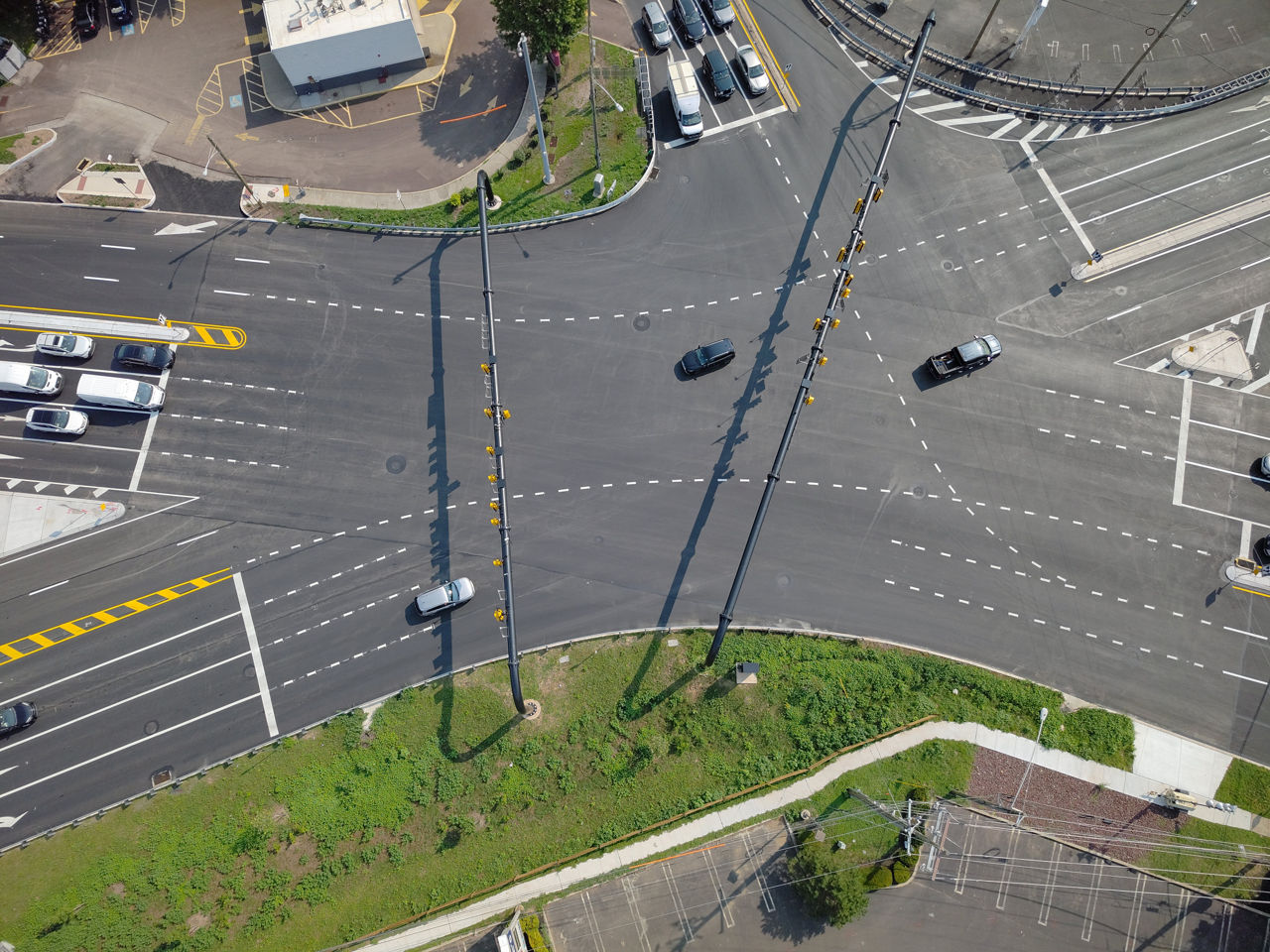 New line paint is visible at Five Points intersection
