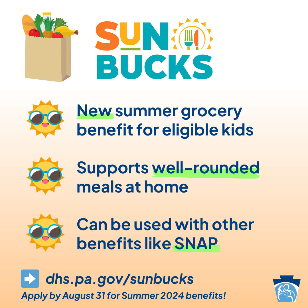 Sample Square graphic announcing SUN Bucks with text reading: New summer grocery benefit for kids. Supports well-rounded meals at home. Can be used with other benefits like SNAP. dhs.pa.gov/sunbucks Apply by August 31 for Summer 2024 benefits."