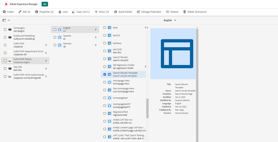 Site hierarchy featuring various pages, with page Search Results Template selected