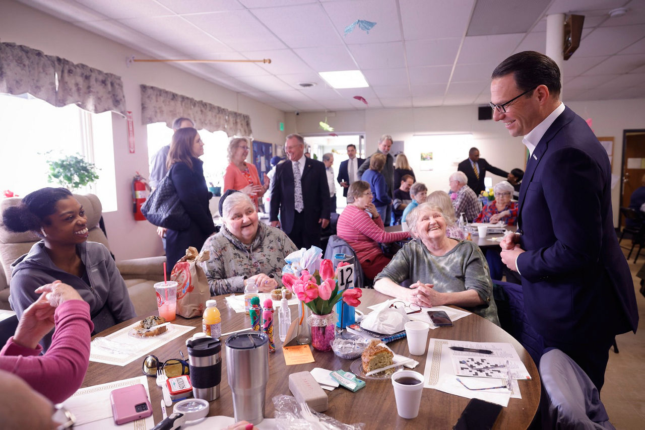 Pennsylvania Governor Josh Shapiro greeting community members. Governor Josh Shapiro visited the Erie West Senior Center to highlight his budget’s proposed expansion of the Property Tax/Rent Rebate (PTRR) program to provide a lifeline for Pennsylvania renters and homeowners who are most in need – many of them seniors – to be able to stay in their homes. MAY 04, 2023 – ERIE, PA