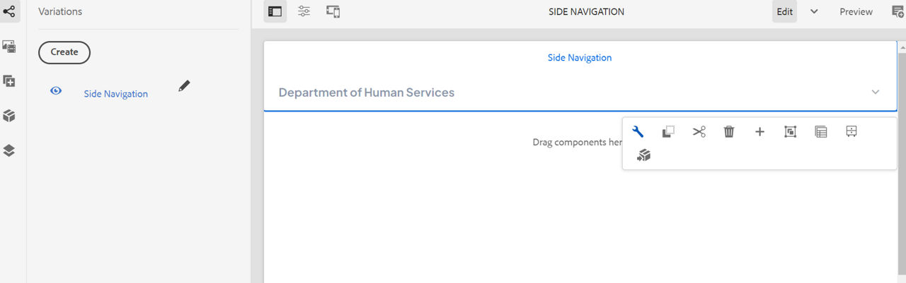 DHS' Side Navigation authoring dialog featuring edit toolbar