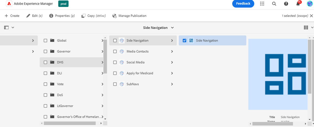 AEM's Experience Fragments section, with DHS' Side Navigation selected