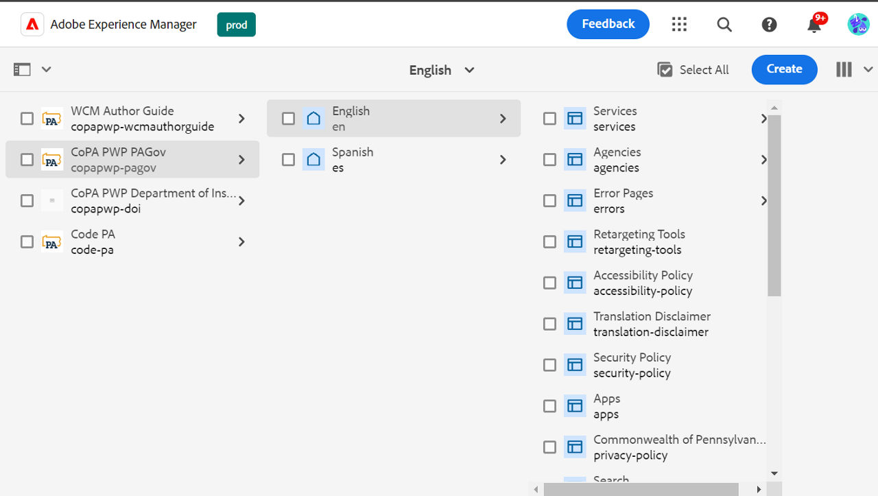 Screenshot of the Sites page on AEM, with CoPA PWP PAGov, then English, folders selected. The Level 1 pages under English display for authors to click into.