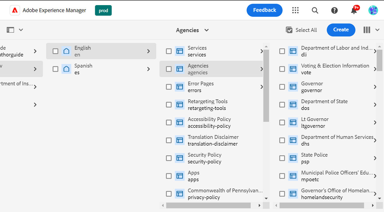 Sites screen with Agencies folder selected, showing options for subfolders that authors may choose to edit.