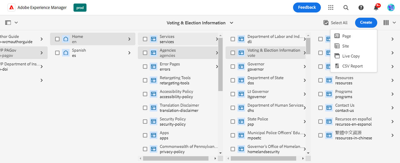 Site hierarchy featuring Voting & Election Information page selected, with the page menu showing the option to create a new page