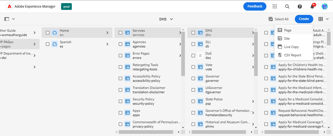 Site hierarchy leading to the Services pages