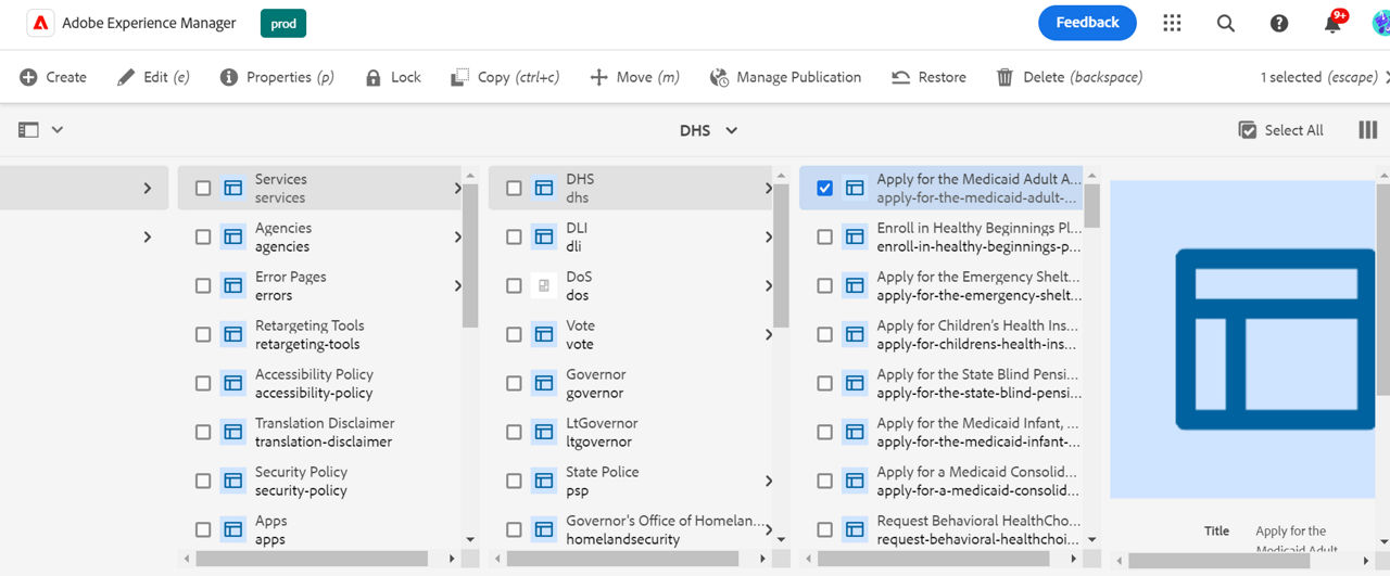 Site hierarchy leading to the DHS Services section, with one of their Services pages checked off