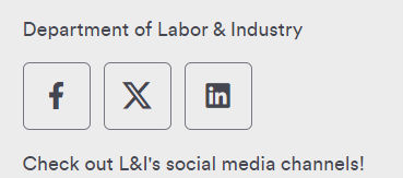 Example of Social Media for Department of Labor & Industry, with icons for Facebook, X, and Instagram, a title, and a caption.