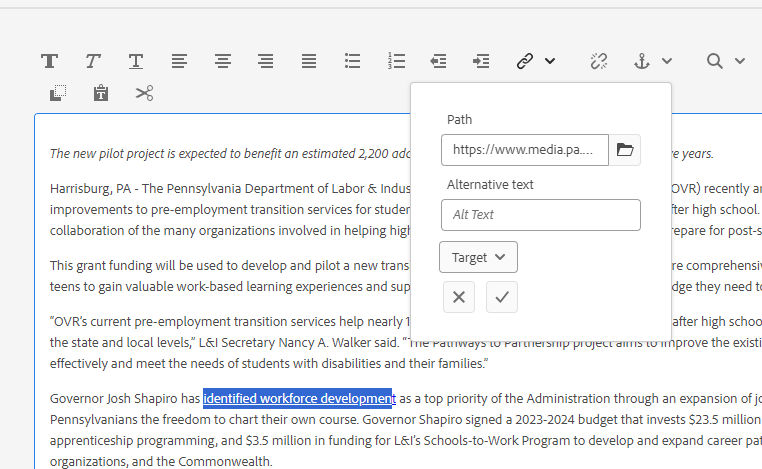 Hyperlink authoring fields, as described above.