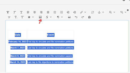 Text component authoring dialog, with table data highlighted and an arrow pointing to the table icon.
