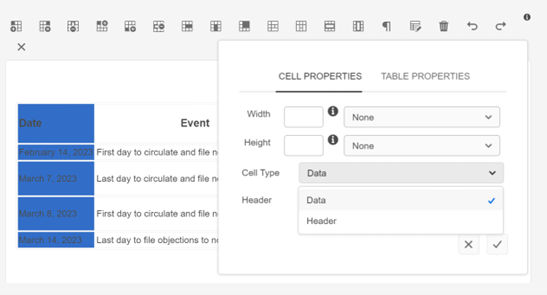 Cell Properties tab, with option to apply header row/column.