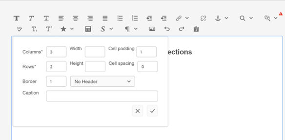 Table dialog that appears upon click of the edit toolbar.