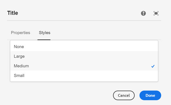 Title authoring dialog showing the Styles dropdown options (None, Large, Medium, Small)