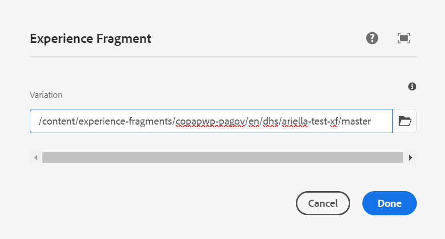 Experience fragment in authoring state with variation field to navigate the user to section where the Web Variation was created