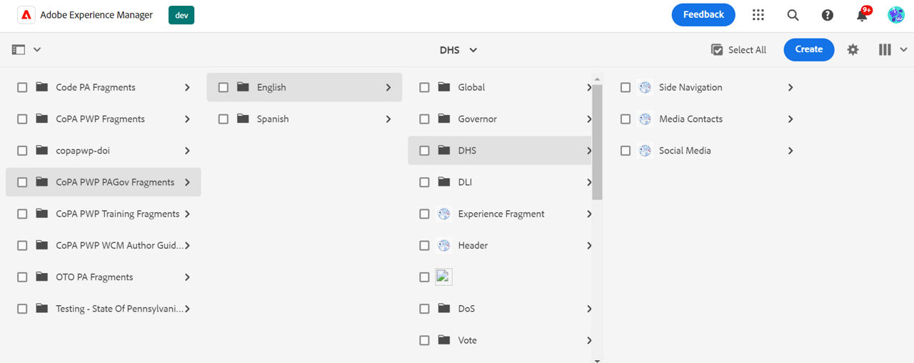 Experience Fragment navigation path under DHS folder, with the Create button in top right corner