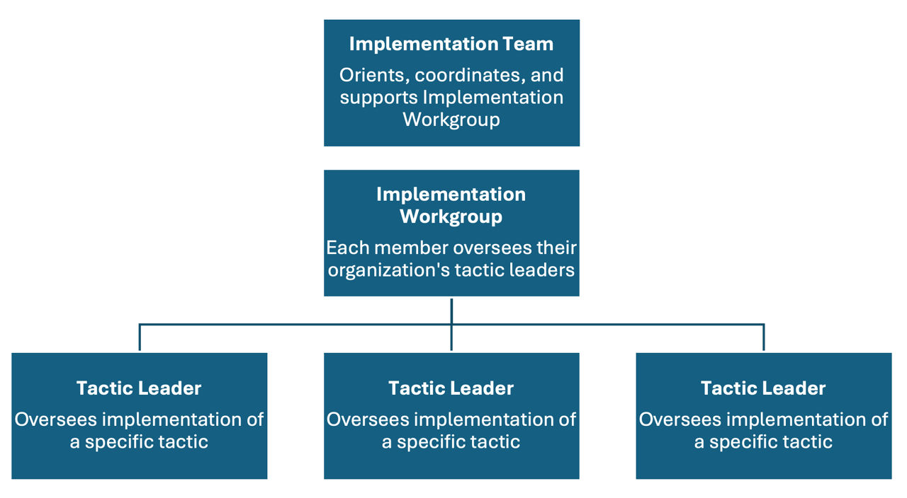 Organizational Chart showing structure of Implementation Team, Workgroup and Tactic Leaders