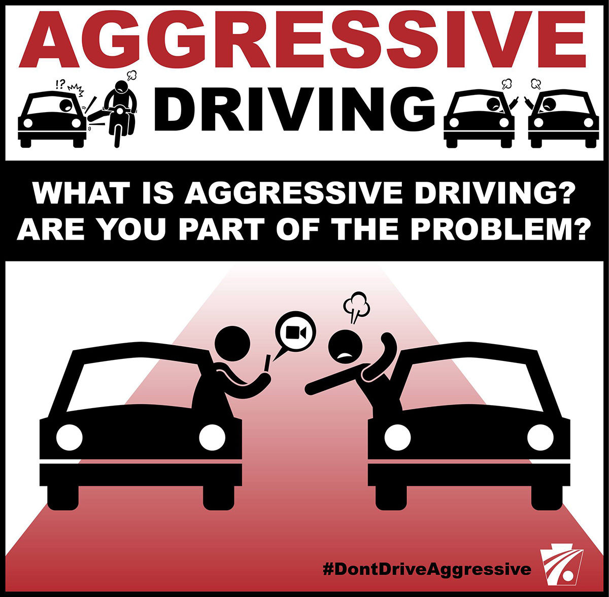 Agressive driving is speeding, red light running, improper passing, and weaving. 