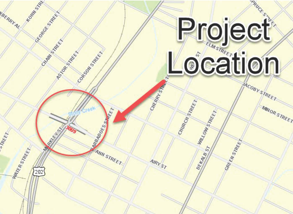 Map showing where the Airy street over markley street bridge rehabilitation project is happenining