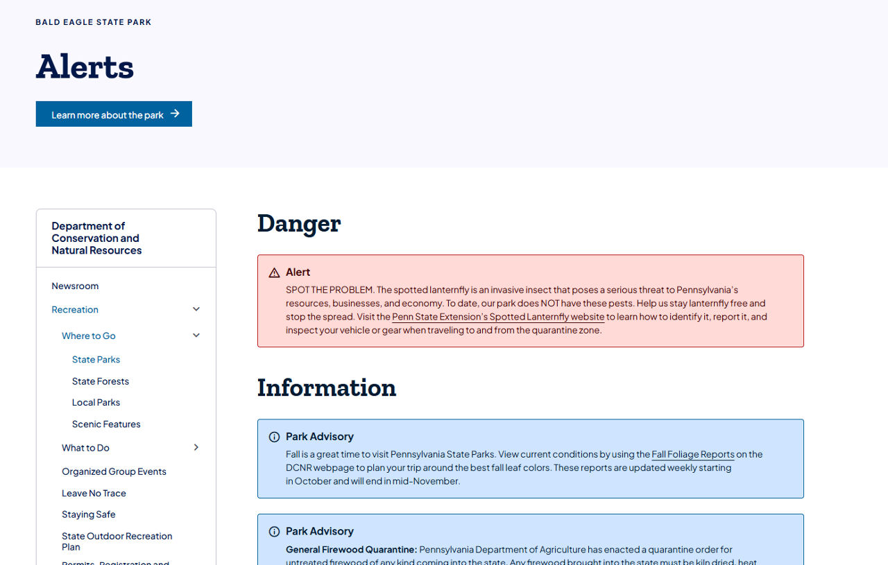 Alerts Reference component showing alerts and advisories for Bald Eagle State Park.