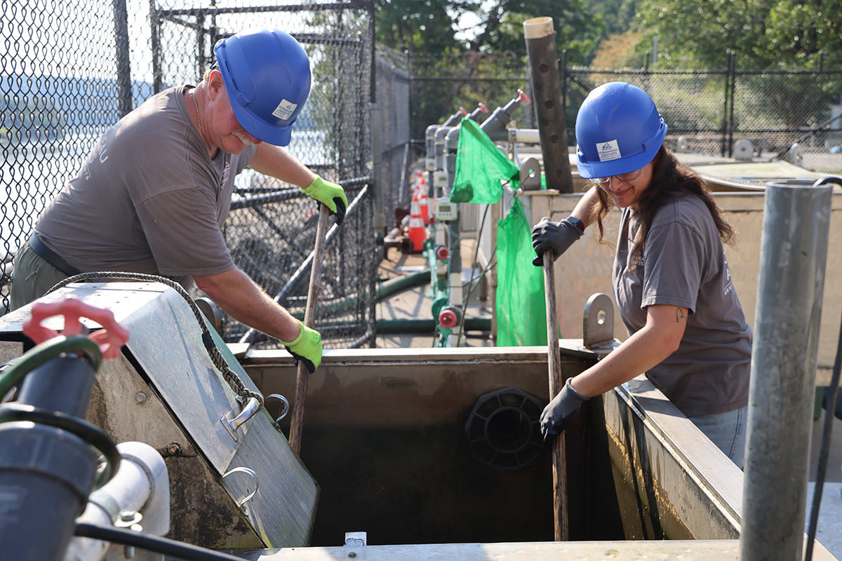 Two staff using nets to collect juvenile eels from a collection tank below Conowingo Dam for transportation upriver.