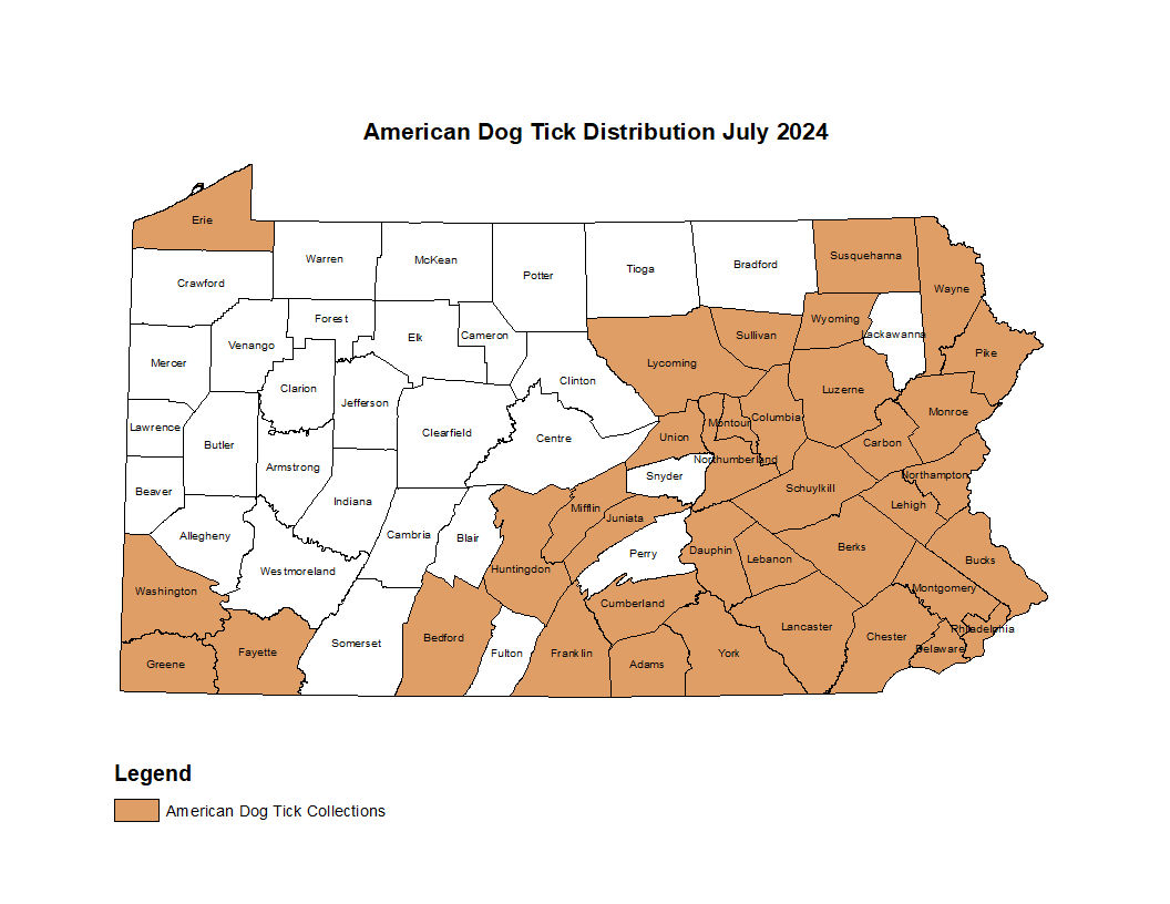 2024 Map showing distribution of American Dog Tick in PA