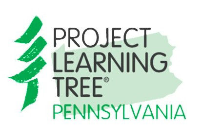 Logo with black and green text showing Project Learning Tree Pennsylvania over a green image a the state outline