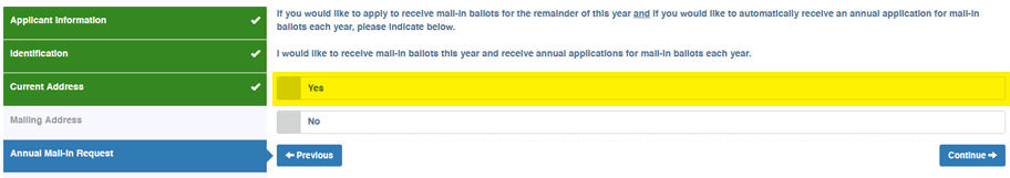 The online annual mail ballot request line with "Yes" option highlighted