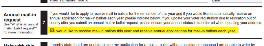 The paper application of annual mail ballot request line with "Yes" option highlighted