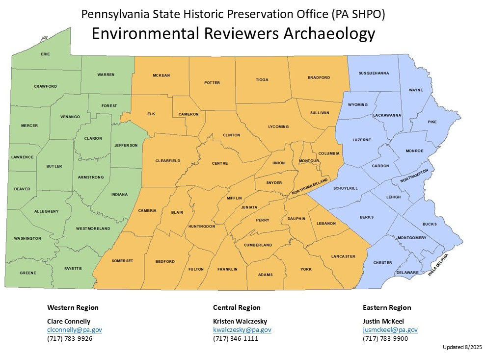 Map of Pennsylvania divided into three regions, east, central, and west, for archaeology reviewers.