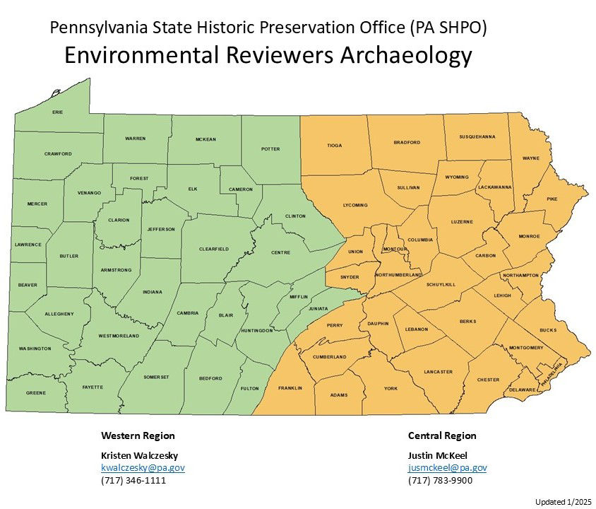 Map of Pennsylvania divided into two regions, east and west, for archaeology reviewers.