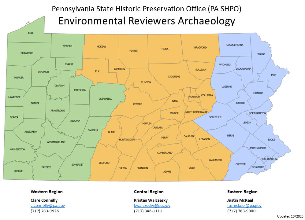 Map of Pennsylvania divided into three regions, east, central, and west, for archaeology reviewers.