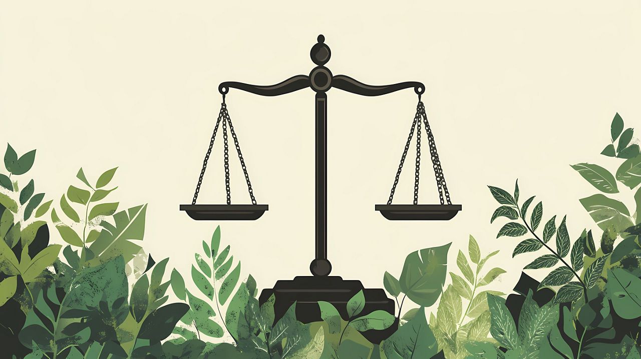 Scales of justice amidst green foliage symbolize the balance between law and environmental protection