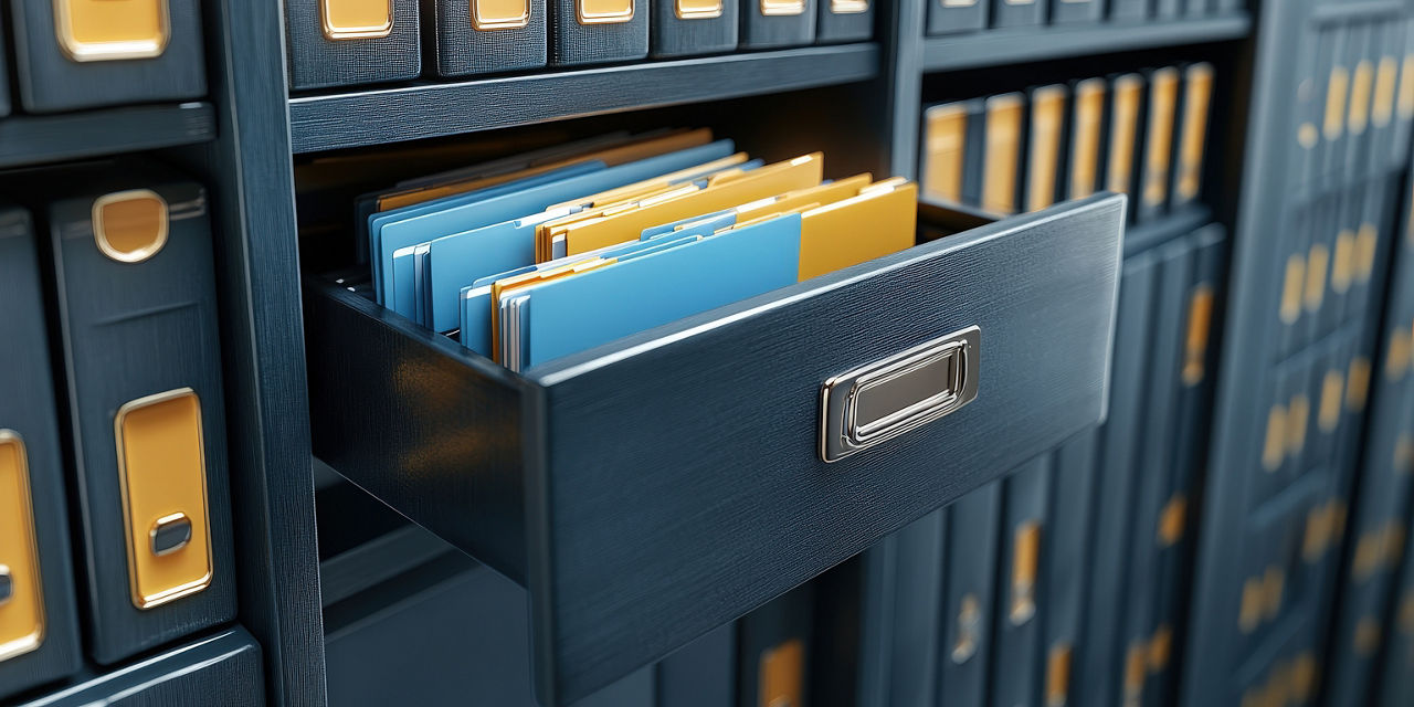 Metal file cabinets with open digital documents in the background