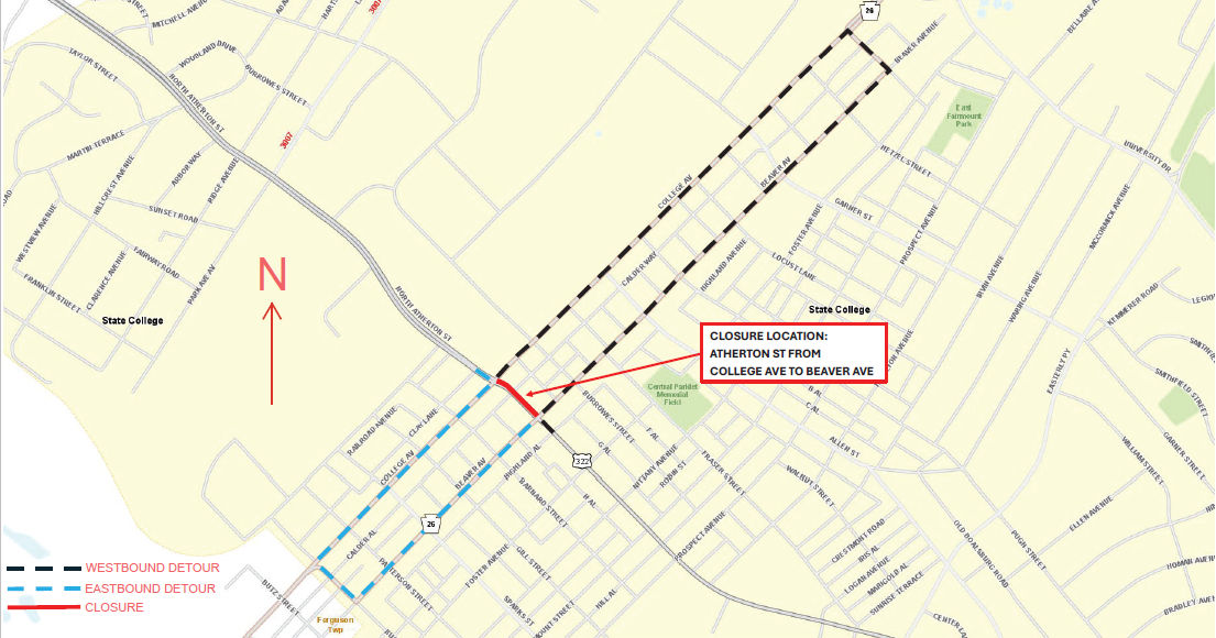Atherton Street (Route 3014) Detour Map